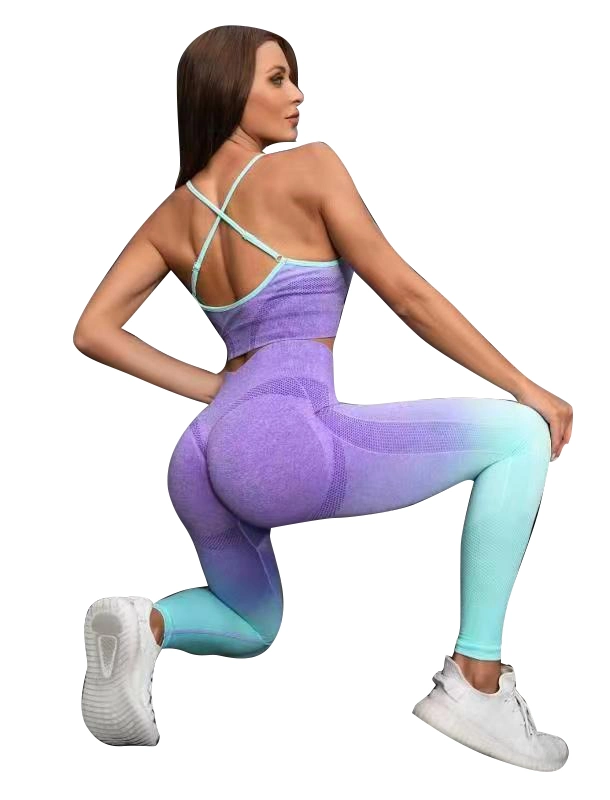 Gradient Color Change Hollow out Two-Piece Yoga Suit Ladies Sports Pants Gym Cross Vest and Leggings Ywqt0153