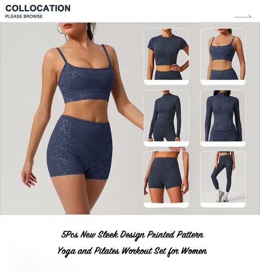Stylish Sleek Printed Pattern 6 Piece Yoga Activewear Set 4 Design Sports Top Wear + Gym Shorts Scrunch Booty Leggings Pilates Matching Workout Outfits 