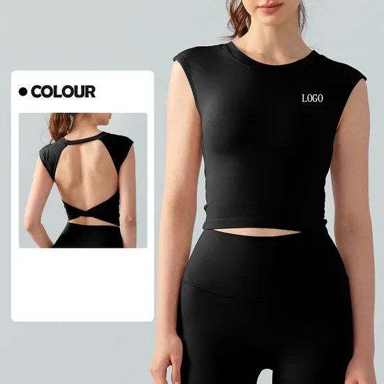 Activewear Gym Sportswear Women Athletic Workout Tight Active Sports Top Yoga Padded Open Back Crop T Shirts Femme 