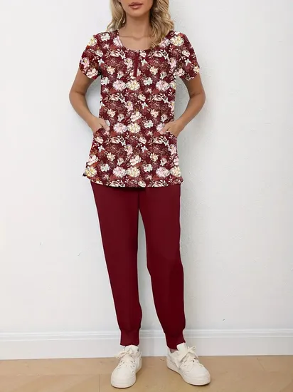 Women Comfortable Floral Scrub Set Stretch V
