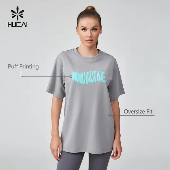 Hucai Custom Sportswear Cotton Heavyweight Puff Printing Oversized Sports Tee Gym T Shirt Women 