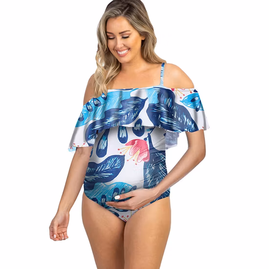 Sexy Fashoin Women Floral Print Pregnant Designer Swimwear One Piece Maternity Big Ruffle off Shoulder Outdoor Bikini Beachwear