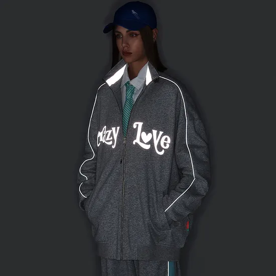 Custom Mens Mandarin Collar Jacket Sporty Streetwear Reflective Hoodie Sweatshirt 