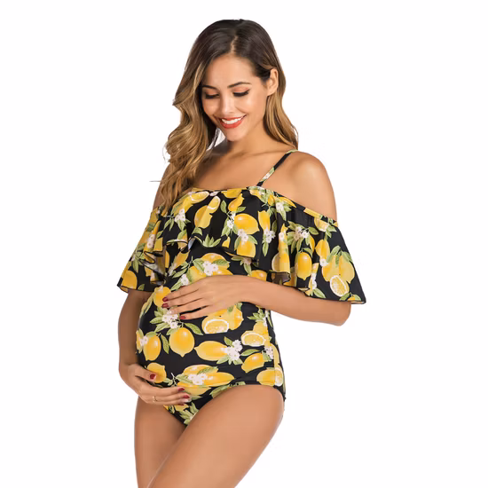 Swimming Swimwear Pregnant Maternity Big Ruffle One Shoulder Beach Wear with Yellow Lemon Printing
