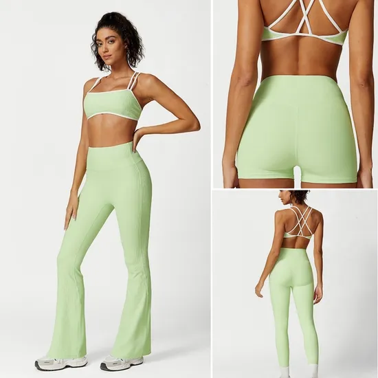 New Stylish 5 PCS Lounge Ribbed Activewear Set Cute Workout Clothes for Woman, Cute Strappy Yoga Bra + Gym Fitness Pants + Exercise Top Going out Athletic Wear 