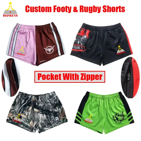 Custom Print Sublimation Wholesale Men Polyester Australia Hunting Fishing Outdoor Workout Running Sports Gym Zipper Zip Pocket Afl Rugby Football Footy Shorts 
