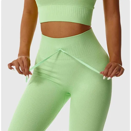Ribbed Yoga Pants Seamless Workout Gym Leggings Women Drawstring Stripe Training Sports fitness Althetic Leggins 